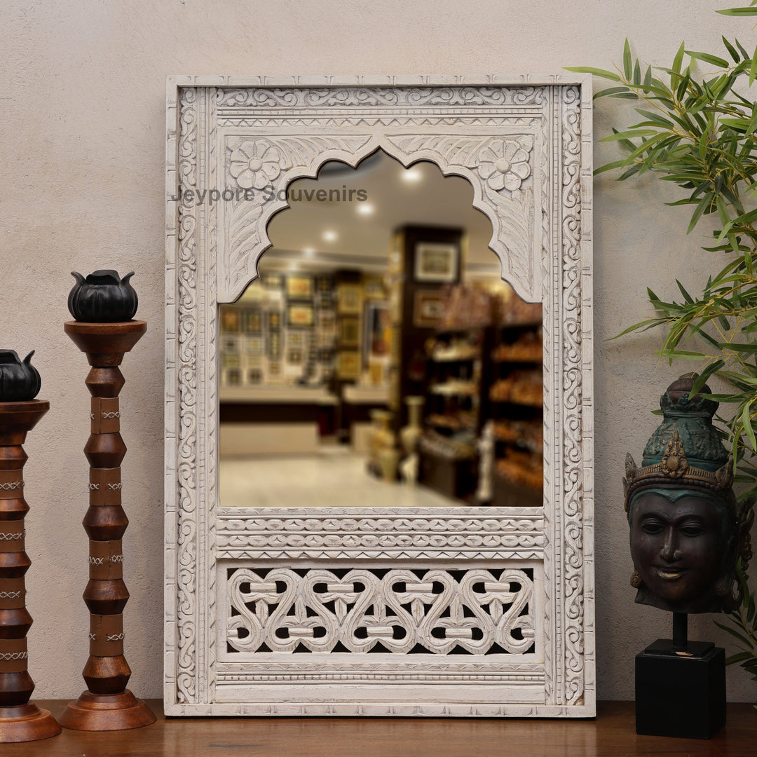 Hand Carved White Distressed Wooden Jharokha Wall Mirror