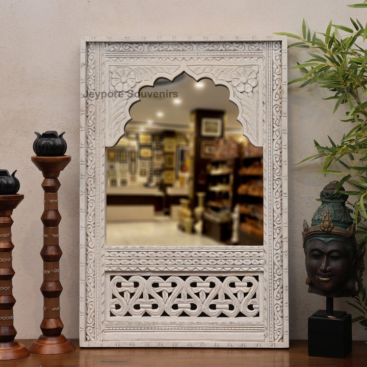 Hand Carved White Distressed Wooden Jharokha Wall Mirror