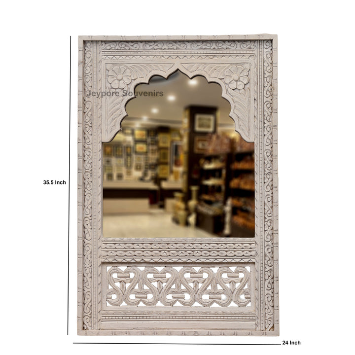 Hand Carved White Distressed Wooden Jharokha Wall Mirror