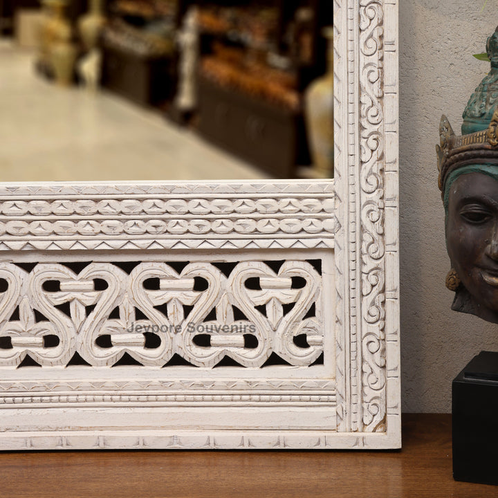 Hand Carved White Distressed Wooden Jharokha Wall Mirror