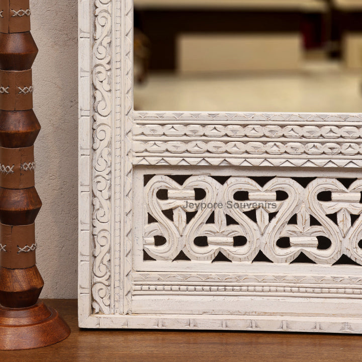 Hand Carved White Distressed Wooden Jharokha Wall Mirror