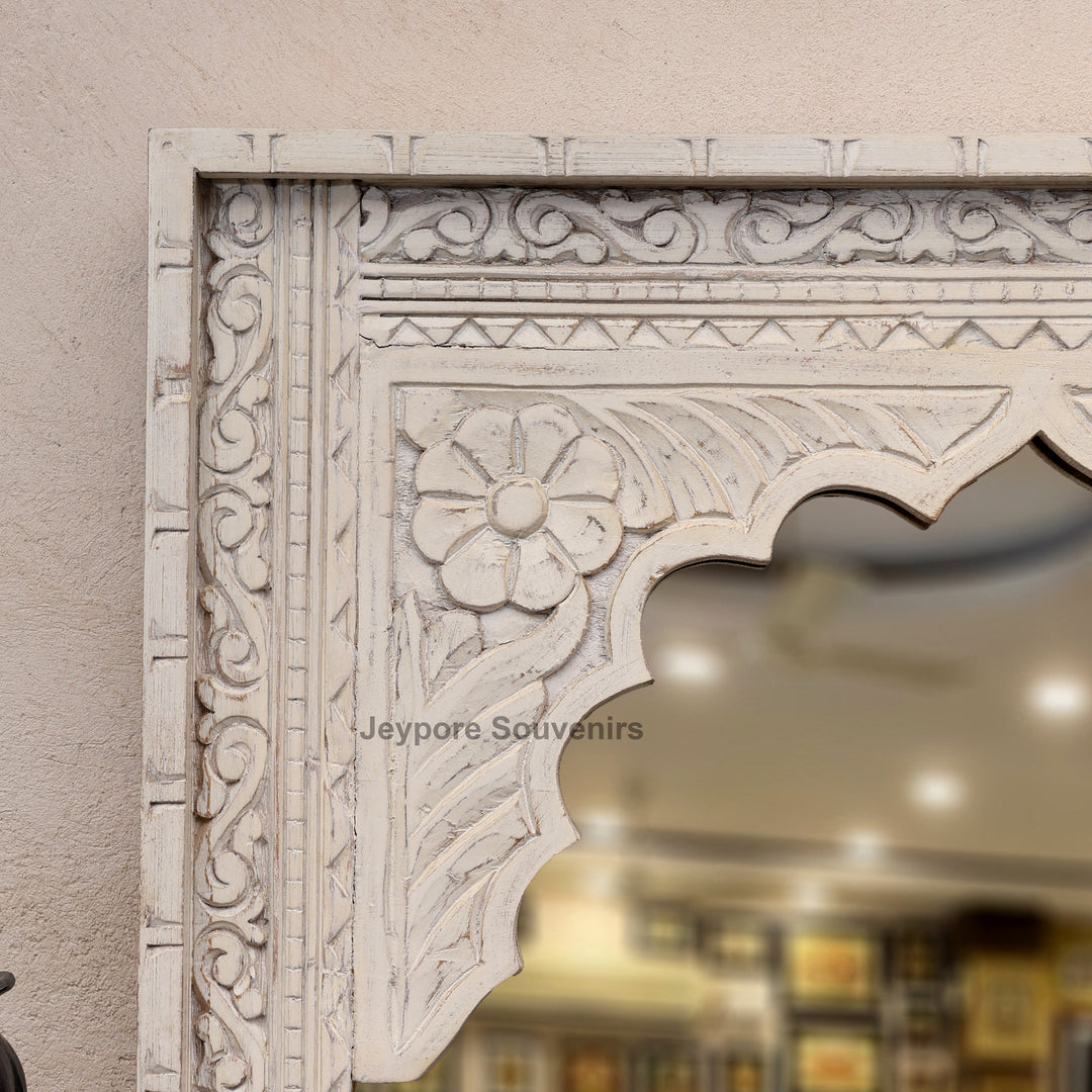 Hand Carved White Distressed Wooden Jharokha Wall Mirror