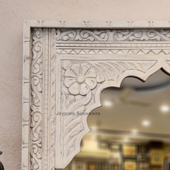 Hand Carved White Distressed Wooden Jharokha Wall Mirror