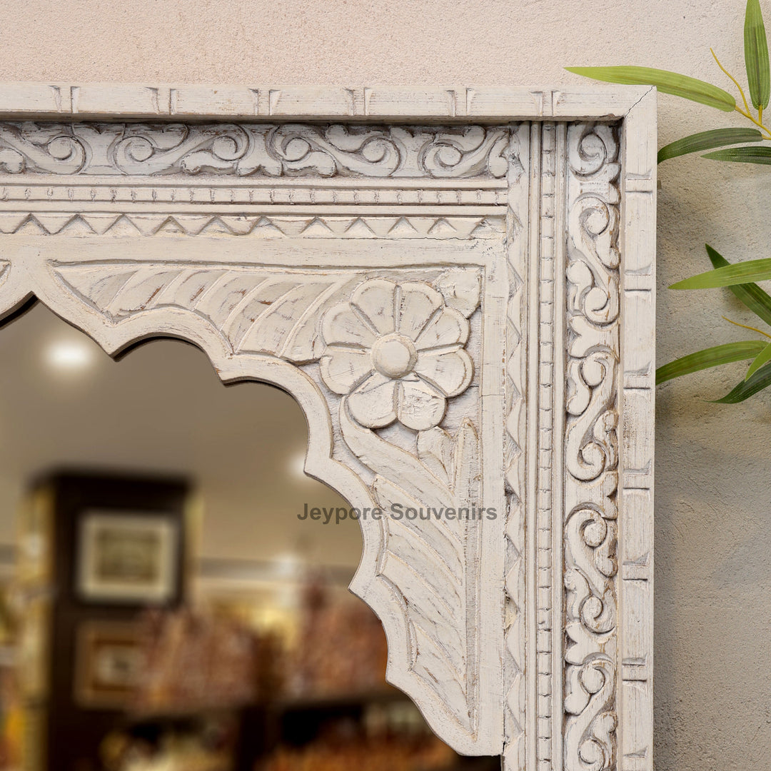 Hand Carved White Distressed Wooden Jharokha Wall Mirror
