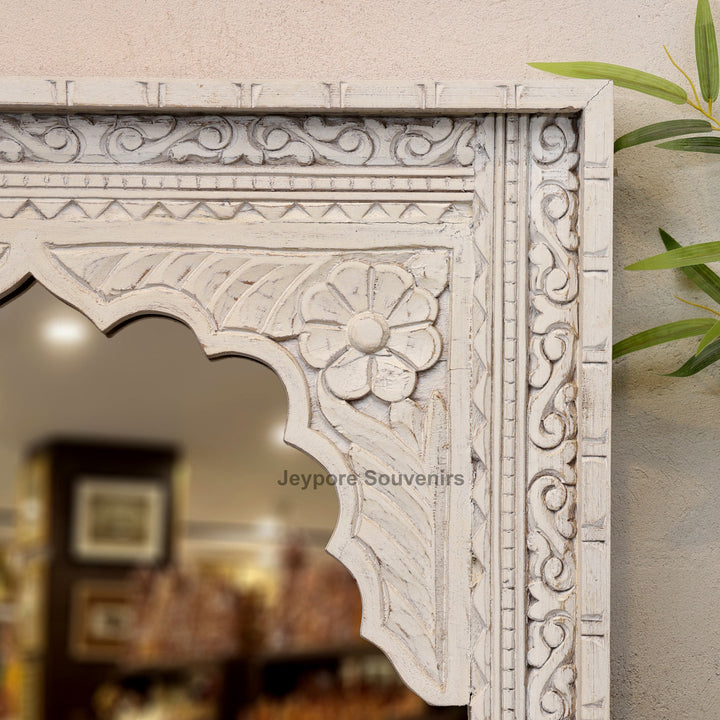 Hand Carved White Distressed Wooden Jharokha Wall Mirror