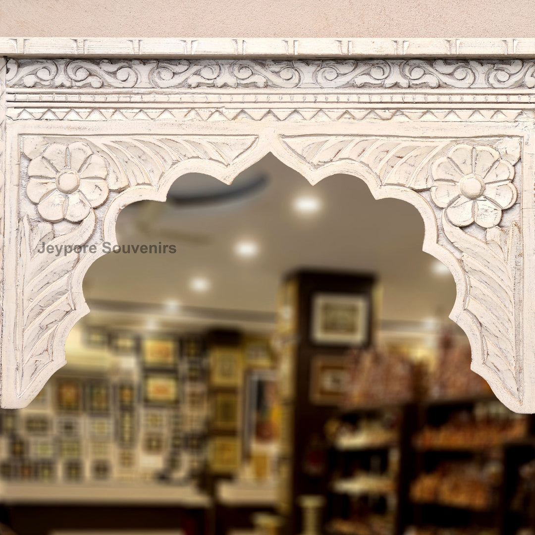 Hand Carved White Distressed Wooden Jharokha Wall Mirror