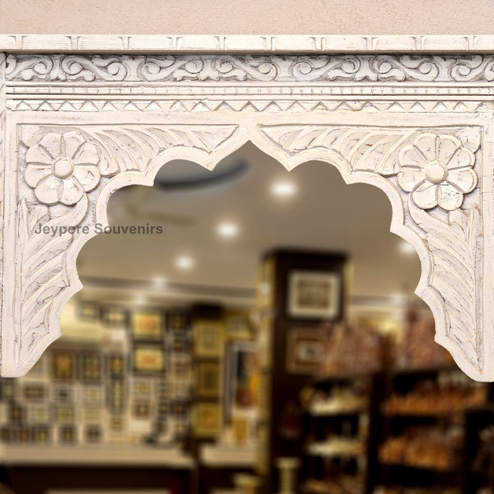 Hand Carved White Distressed Wooden Jharokha Wall Mirror