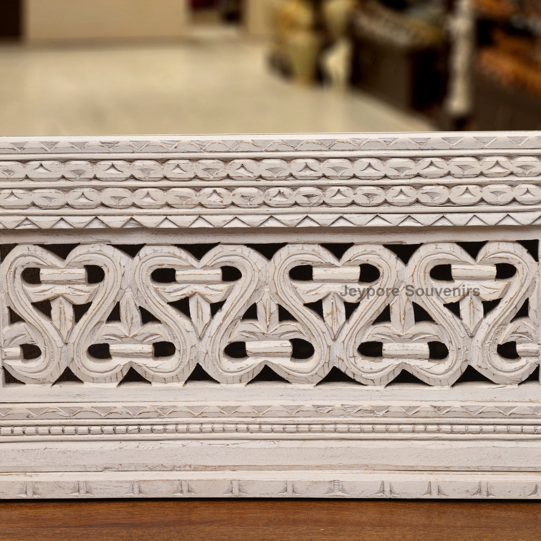 Hand Carved White Distressed Wooden Jharokha Wall Mirror