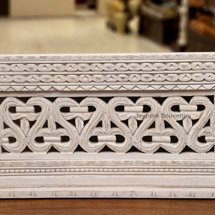 Hand Carved White Distressed Wooden Jharokha Wall Mirror