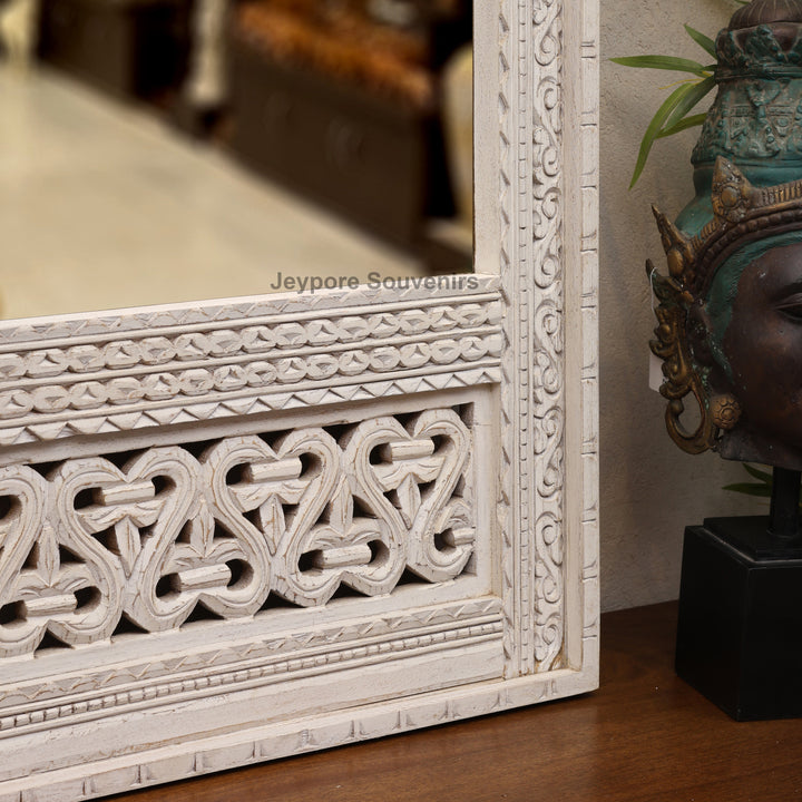 Hand Carved White Distressed Wooden Jharokha Wall Mirror
