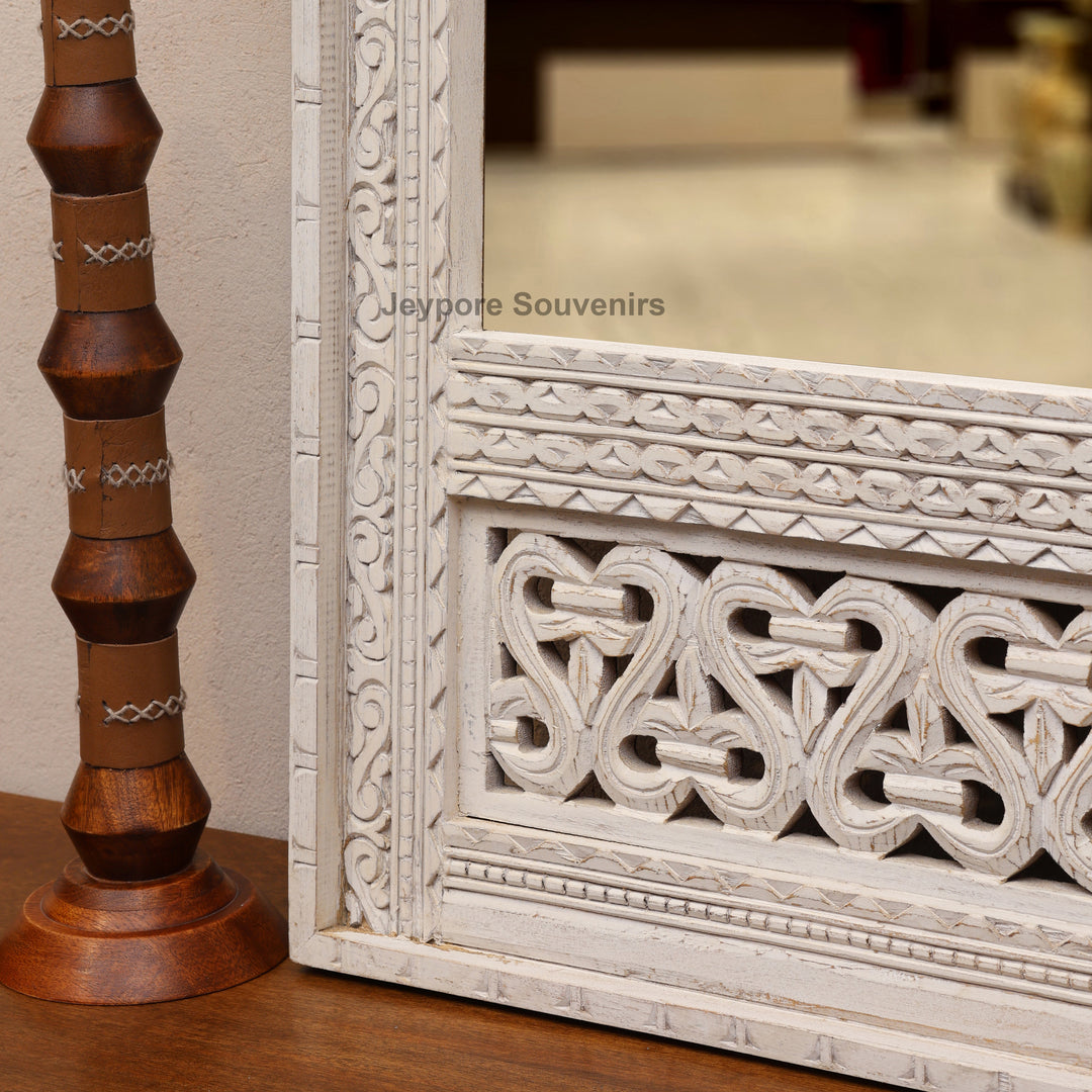 Hand Carved White Distressed Wooden Jharokha Wall Mirror