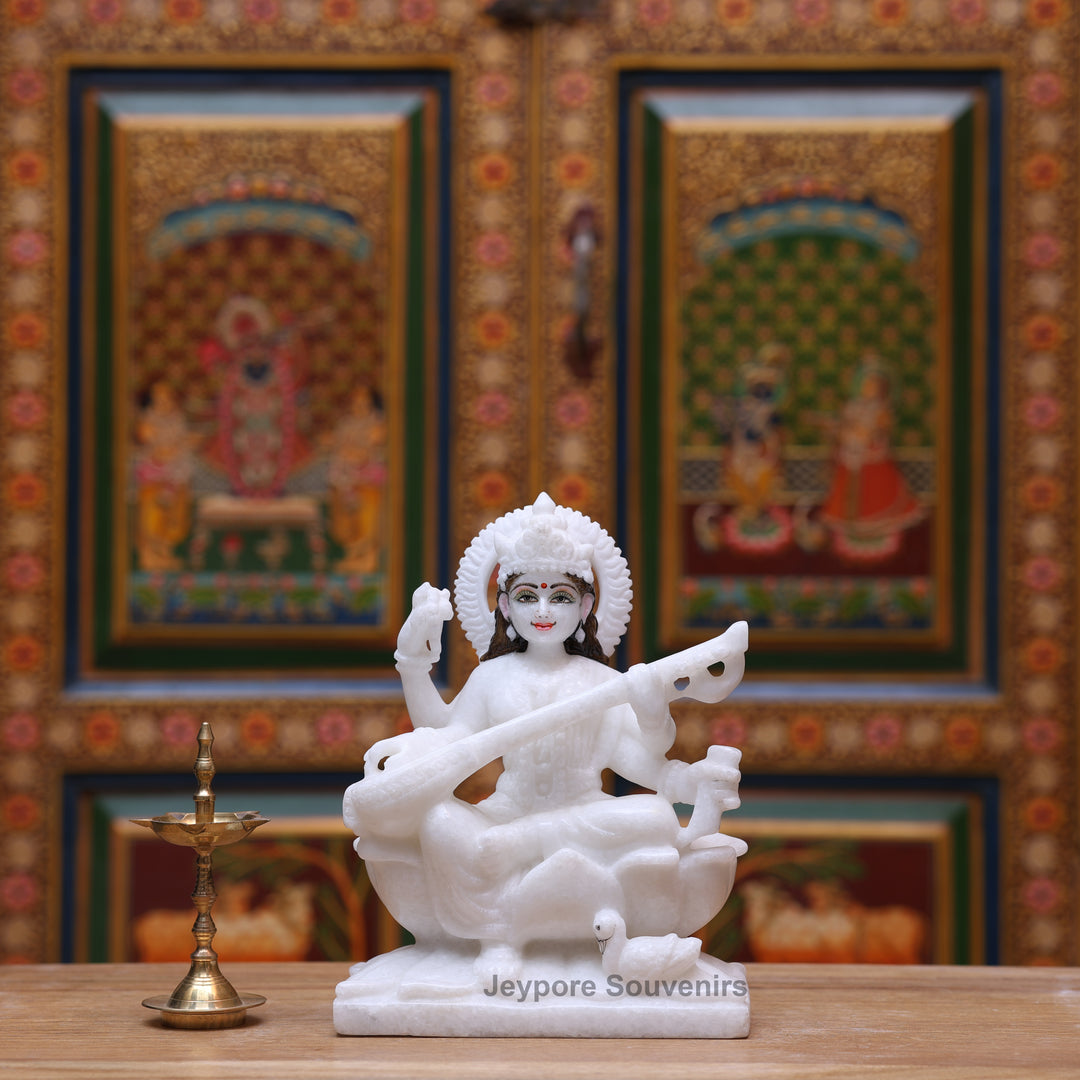 9" Pure White Marble Goddess Saraswati Statue