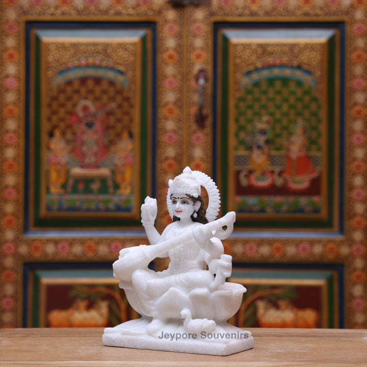 9" Pure White Marble Goddess Saraswati Statue