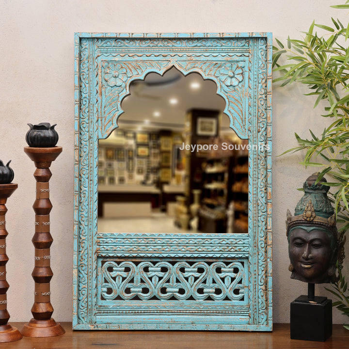 Hand-Carved Blue Distressed Wooden Jharokha Wall Mirror