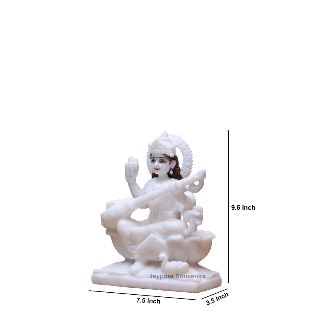 9" Pure White Marble Goddess Saraswati Statue