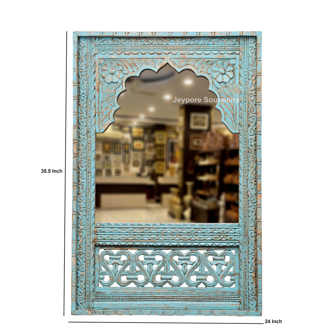 Hand-Carved Blue Distressed Wooden Jharokha Wall Mirror