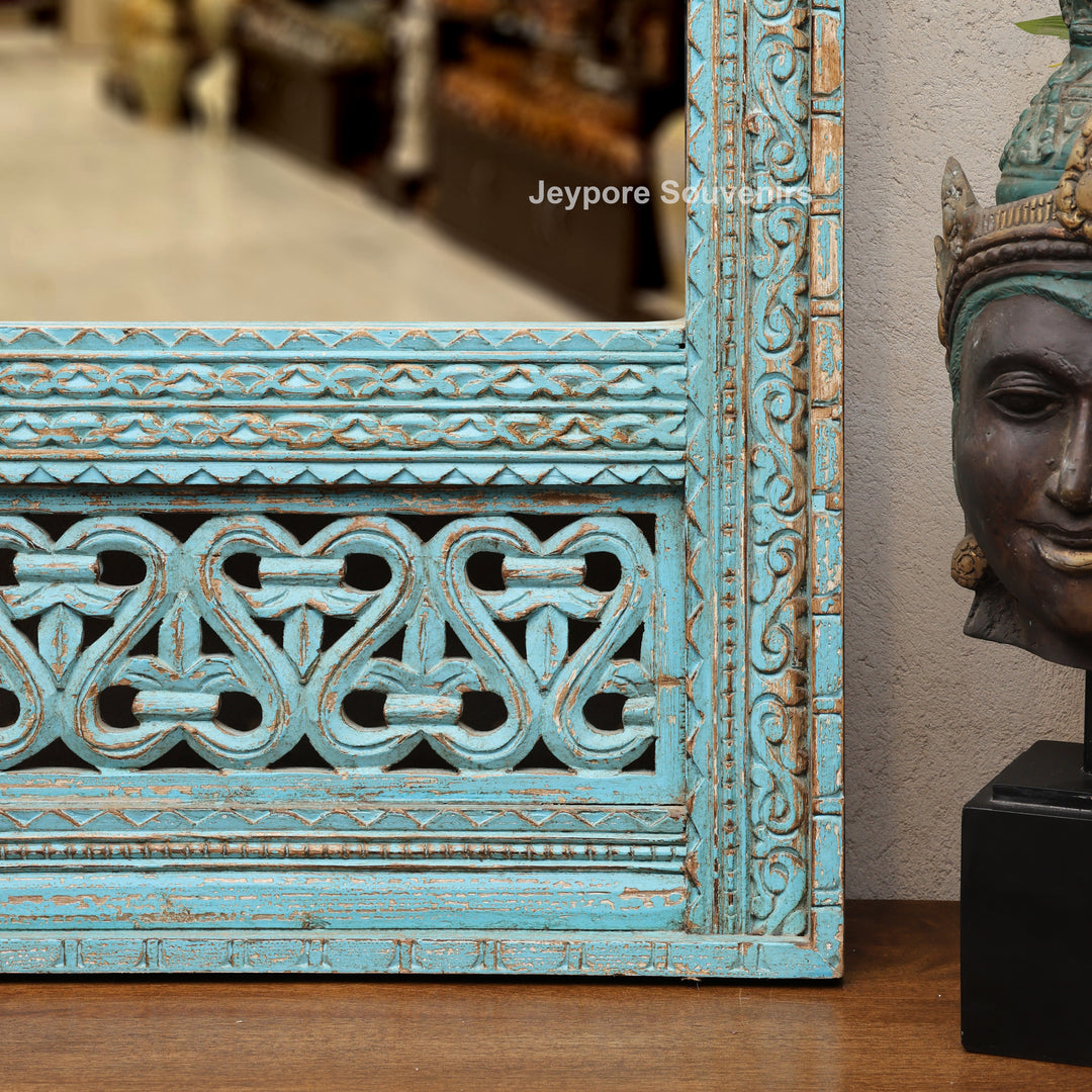 Hand-Carved Blue Distressed Wooden Jharokha Wall Mirror