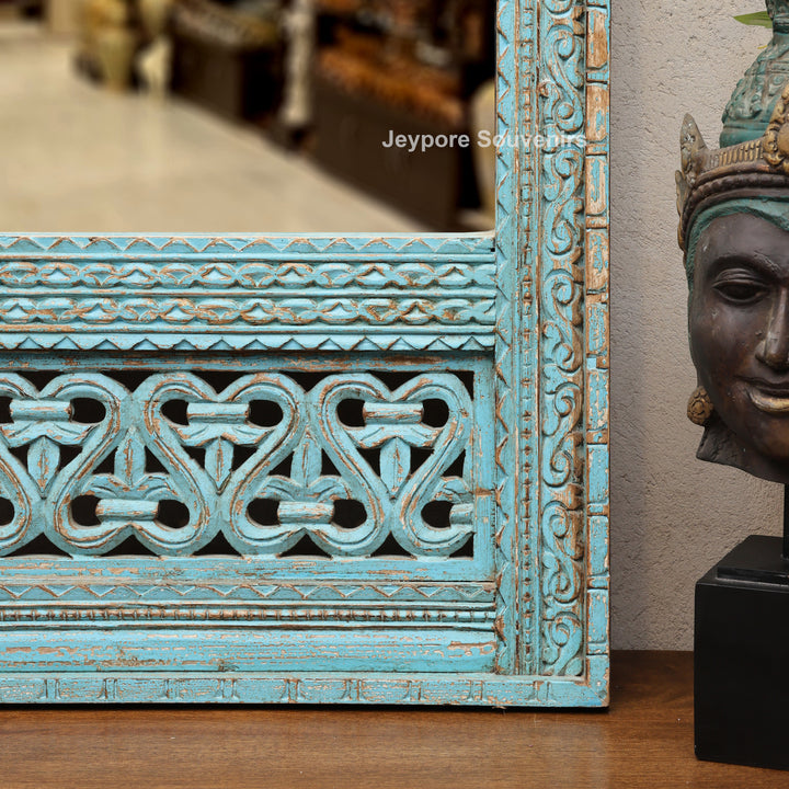 Hand-Carved Blue Distressed Wooden Jharokha Wall Mirror