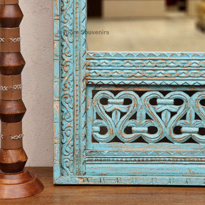 Hand-Carved Blue Distressed Wooden Jharokha Wall Mirror