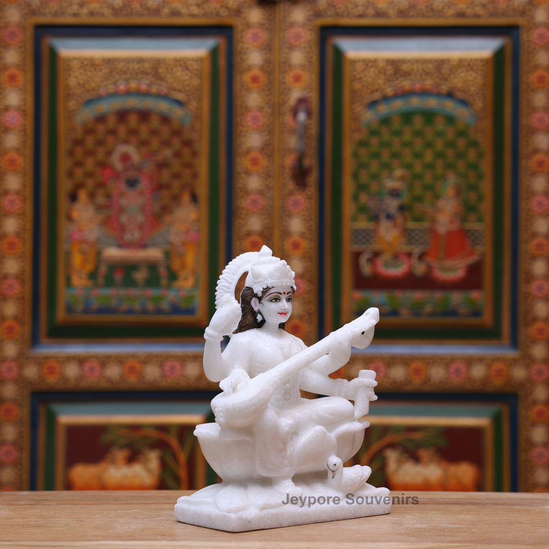 9" Pure White Marble Goddess Saraswati Statue