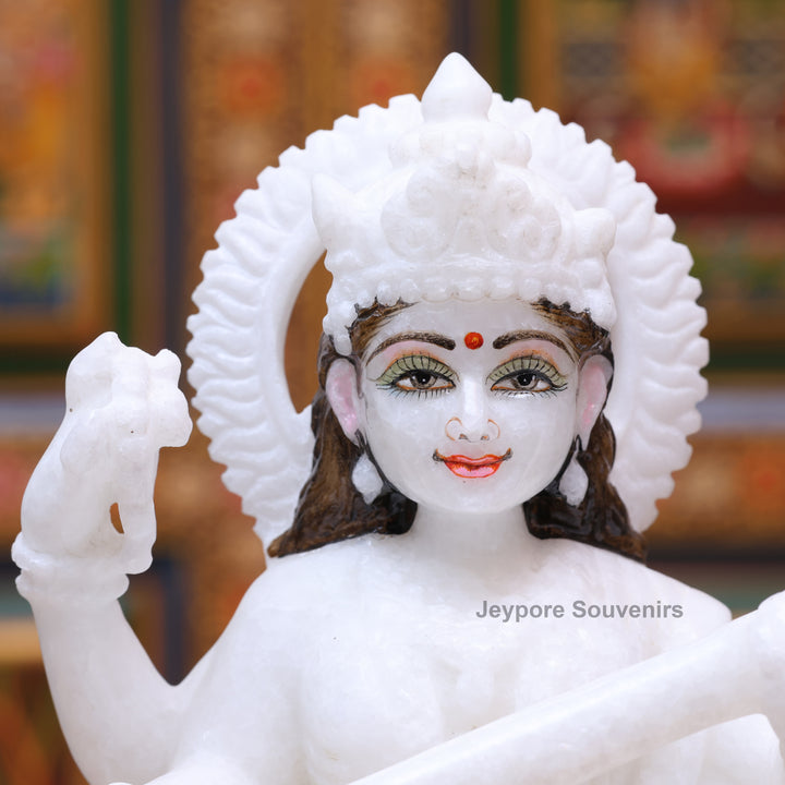 9" Pure White Marble Goddess Saraswati Statue