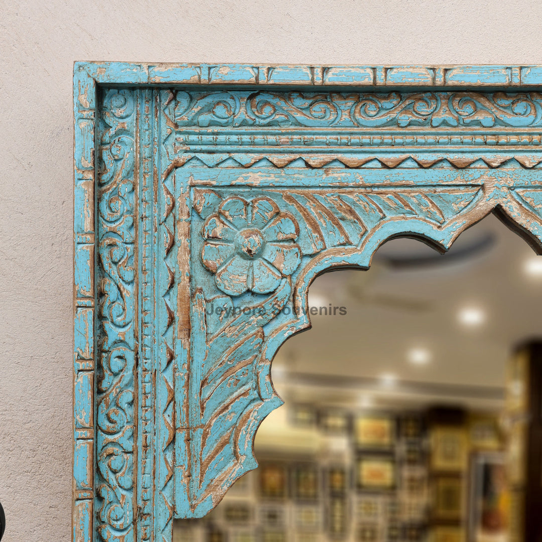 Hand-Carved Blue Distressed Wooden Jharokha Wall Mirror