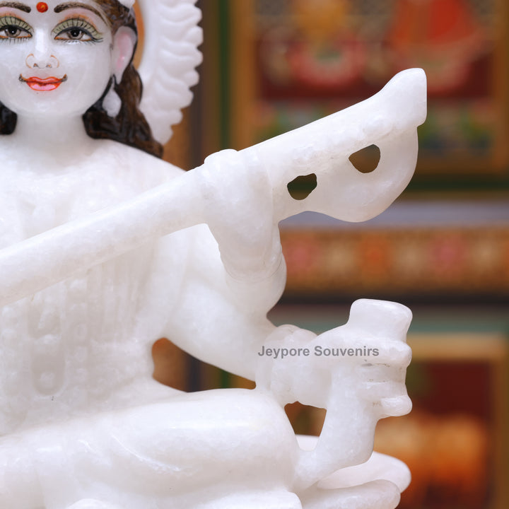 9" Pure White Marble Goddess Saraswati Statue