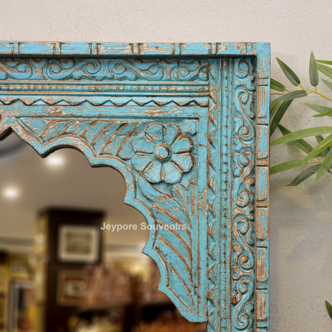 Hand-Carved Blue Distressed Wooden Jharokha Wall Mirror