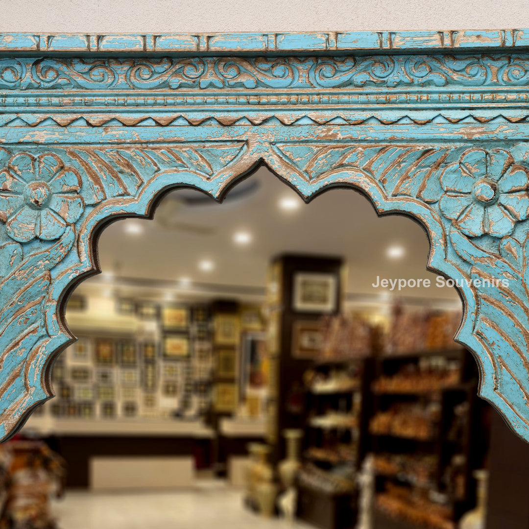 Hand-Carved Blue Distressed Wooden Jharokha Wall Mirror