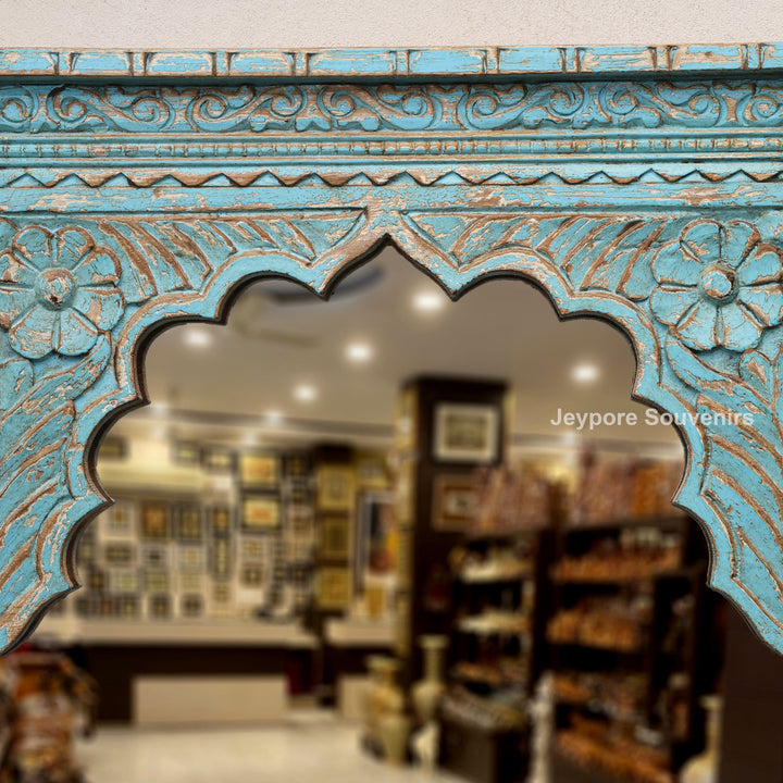 Hand-Carved Blue Distressed Wooden Jharokha Wall Mirror