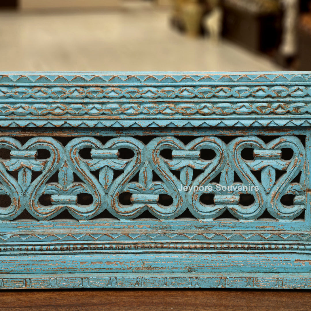 Hand-Carved Blue Distressed Wooden Jharokha Wall Mirror