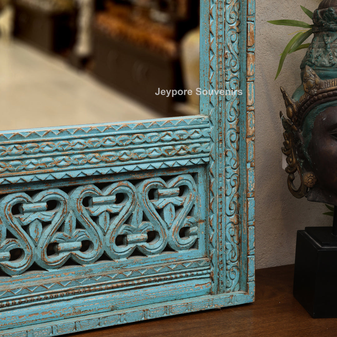 Hand-Carved Blue Distressed Wooden Jharokha Wall Mirror