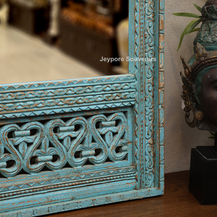 Hand-Carved Blue Distressed Wooden Jharokha Wall Mirror
