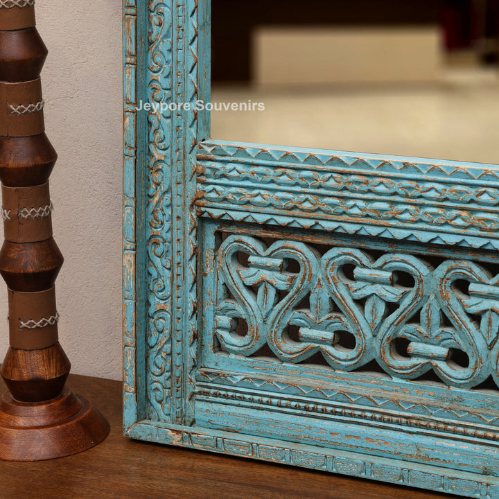 Hand-Carved Blue Distressed Wooden Jharokha Wall Mirror
