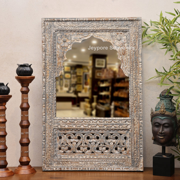 Hand-Carved Rustic Wooden Jharokha Wall Mirror
