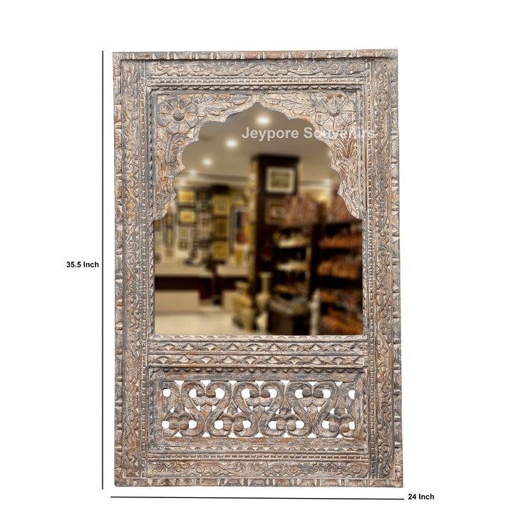 Hand-Carved Rustic Wooden Jharokha Wall Mirror