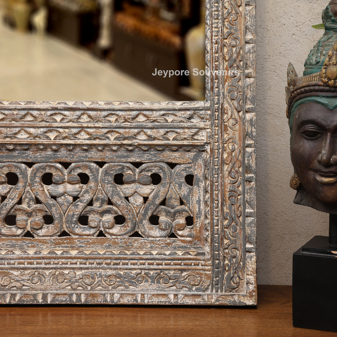 Hand-Carved Rustic Wooden Jharokha Wall Mirror