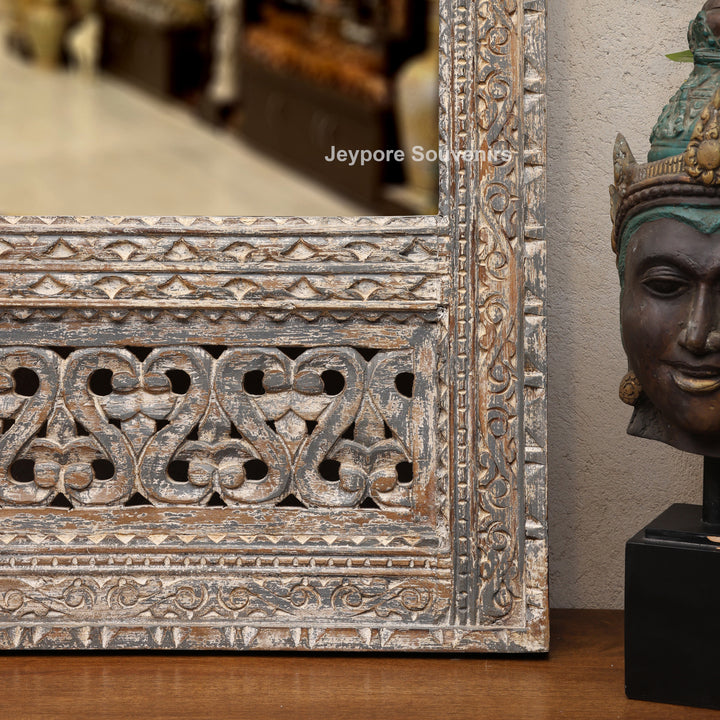 Hand-Carved Rustic Wooden Jharokha Wall Mirror