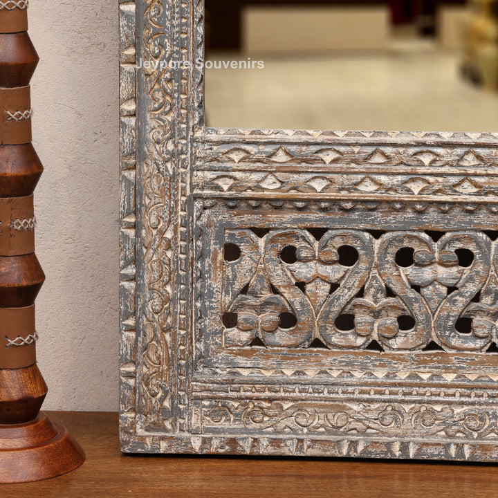 Hand-Carved Rustic Wooden Jharokha Wall Mirror