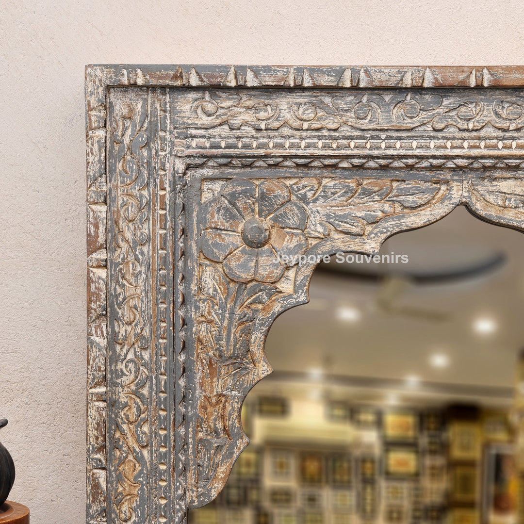Hand-Carved Rustic Wooden Jharokha Wall Mirror