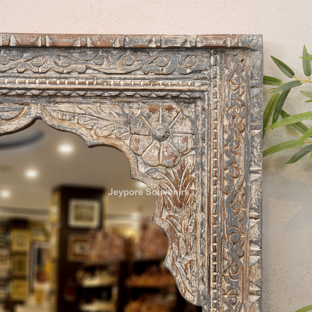 Hand-Carved Rustic Wooden Jharokha Wall Mirror