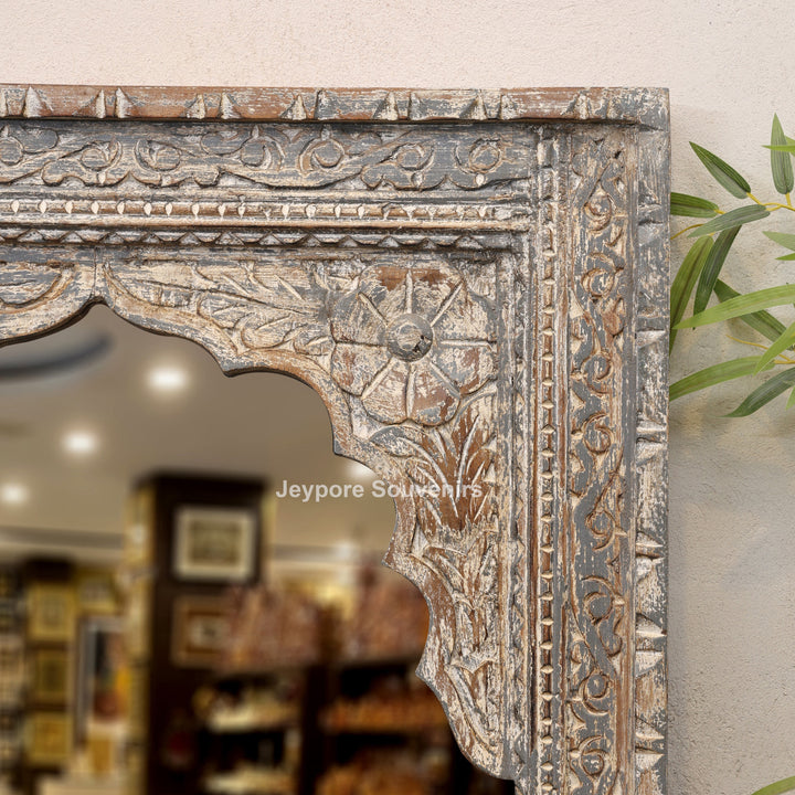 Hand-Carved Rustic Wooden Jharokha Wall Mirror