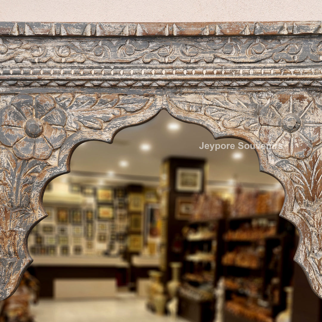 Hand-Carved Rustic Wooden Jharokha Wall Mirror