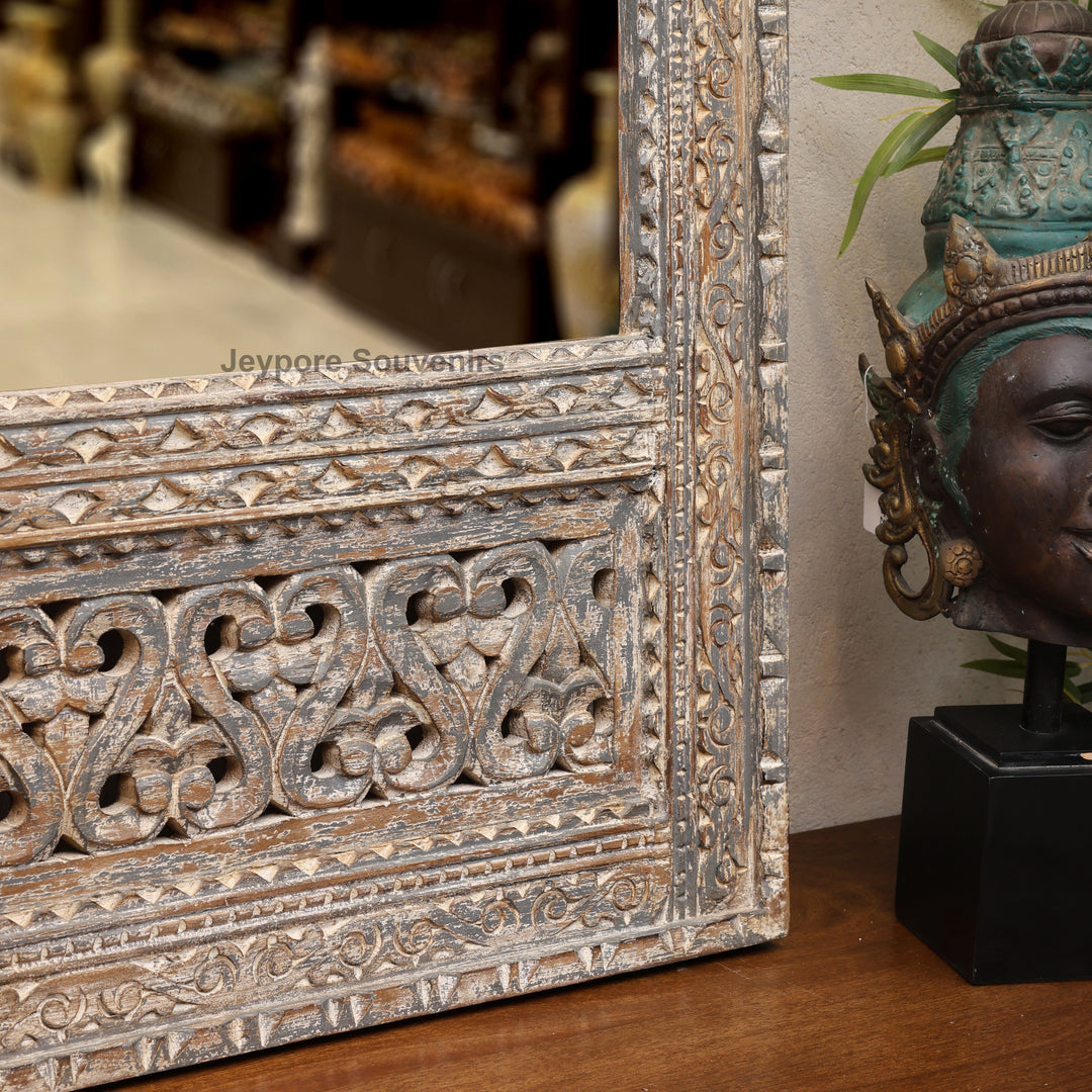 Hand-Carved Rustic Wooden Jharokha Wall Mirror