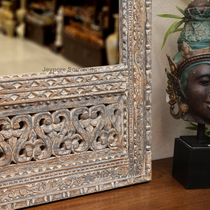 Hand-Carved Rustic Wooden Jharokha Wall Mirror