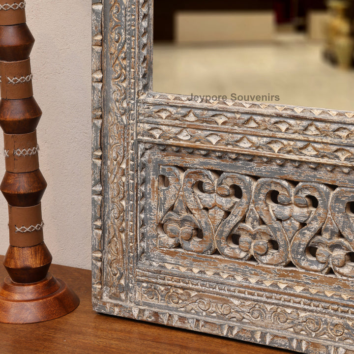 Hand-Carved Rustic Wooden Jharokha Wall Mirror