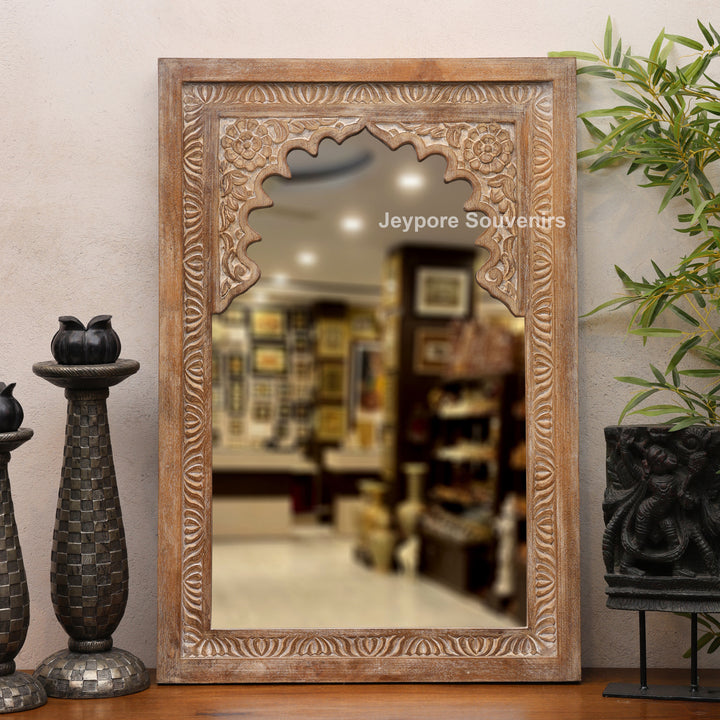 Hand-Carved Wooden Jharokha Wall Mirror with Intricate Rajasthani Arch Design
