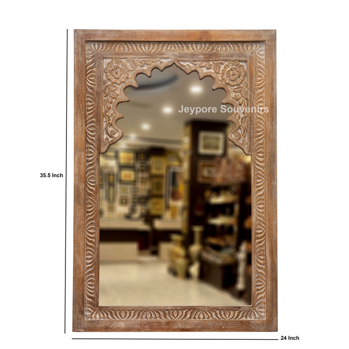 Hand-Carved Wooden Jharokha Wall Mirror with Intricate Rajasthani Arch Design