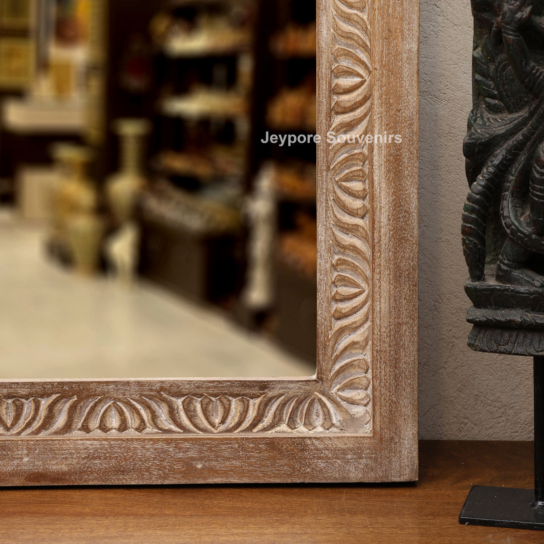 Hand-Carved Wooden Jharokha Wall Mirror with Intricate Rajasthani Arch Design