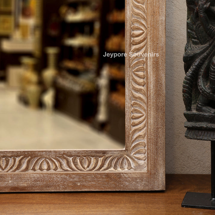Hand-Carved Wooden Jharokha Wall Mirror with Intricate Rajasthani Arch Design